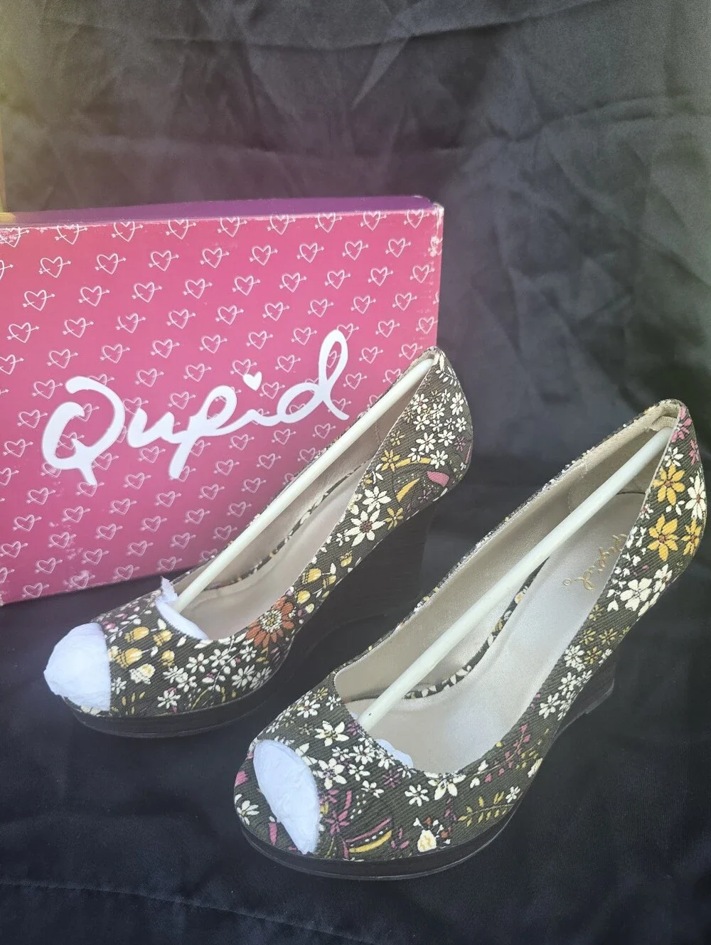 Qupid Olive Green Floral Peep-Toe Wedges